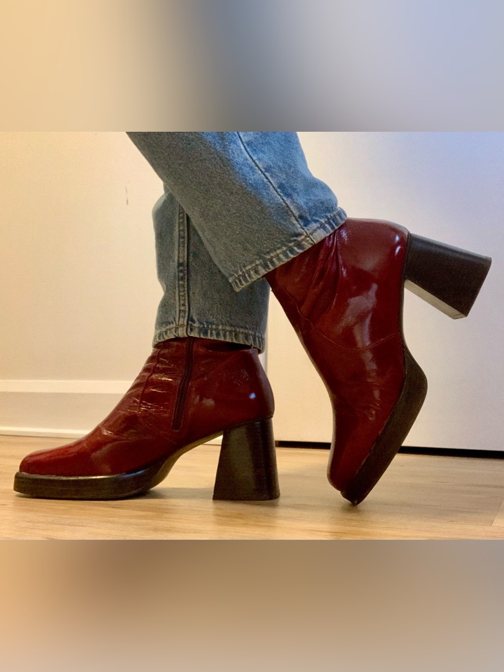 Intervalle’s Women's Burgundy Patent Leather Ankle Booties with Block Heel
